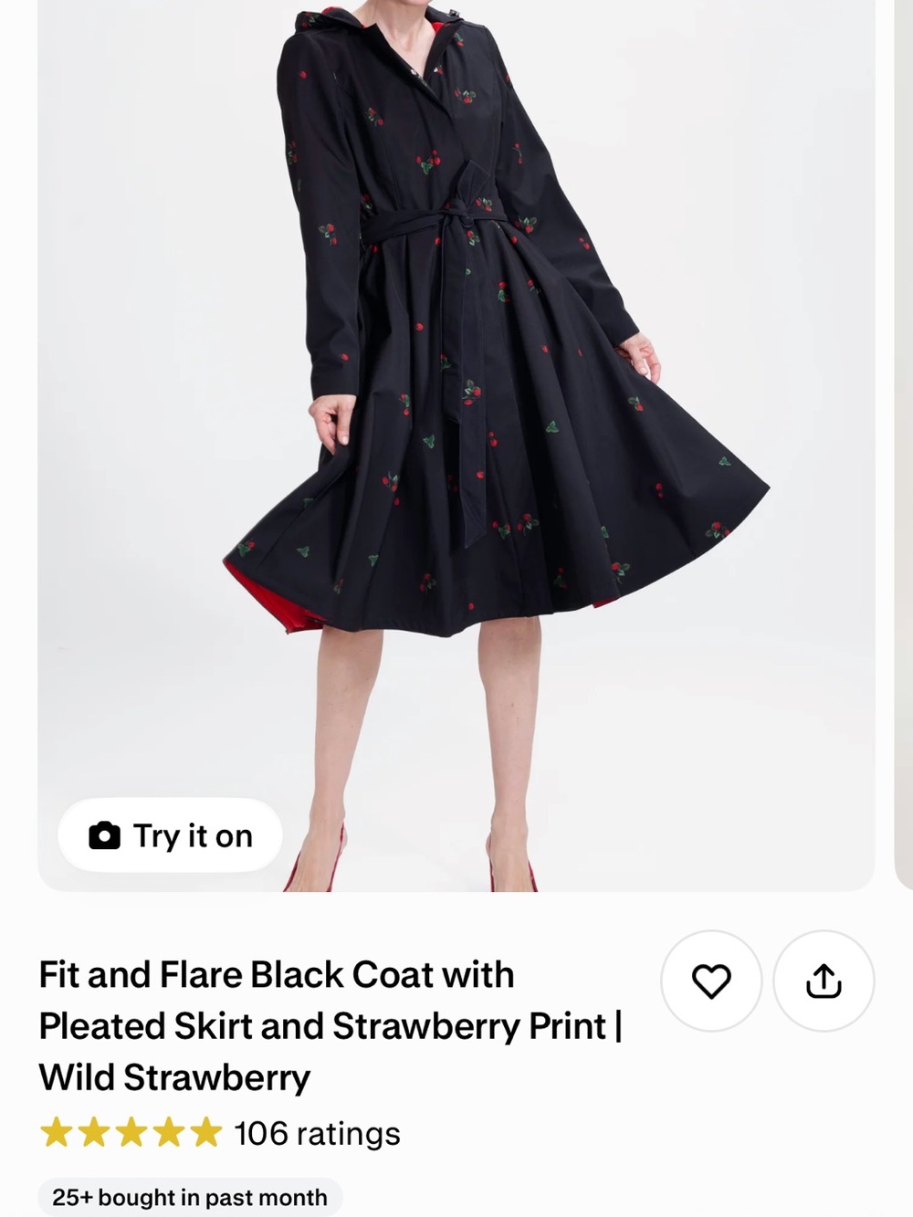 Fit and Flare Black Trench Coat with Strawberry Print